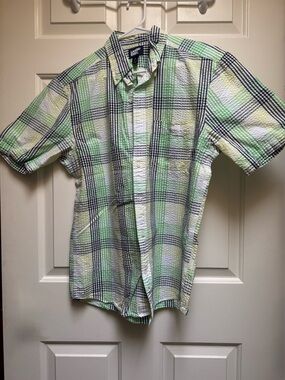 LANDS END Seersucker Plaid Navy White Green Yellow Short Sleeve Shirt Mens Med